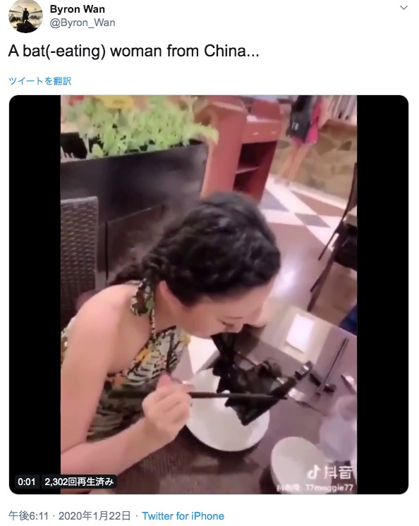 コウモリを食する中国の女性（画像は『Byron Wan　2020年1月22日付Twitter 「A bat（-eating） woman from China...」』のスクリーンショット）