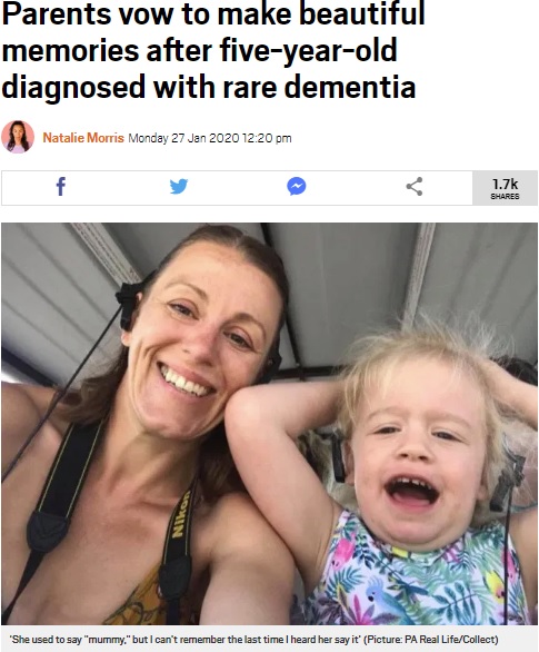 稀な遺伝子疾患を持つ5歳児と母親（画像は『Metro　2020年1月27日付「Parents vow to make beautiful memories after five-year-old diagnosed with rare dementia」（Picture: PA Real Life/Collect）』のスクリーンショット）