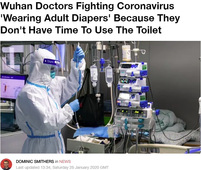 防護服姿で働く医療関係者（画像は『LADbible　2020年1月25日付「Wuhan Doctors Fighting Coronavirus ‘Wearing Adult Diapers’ Because They Don’t Have Time To Use The Toilet」』のスクリーンショット）