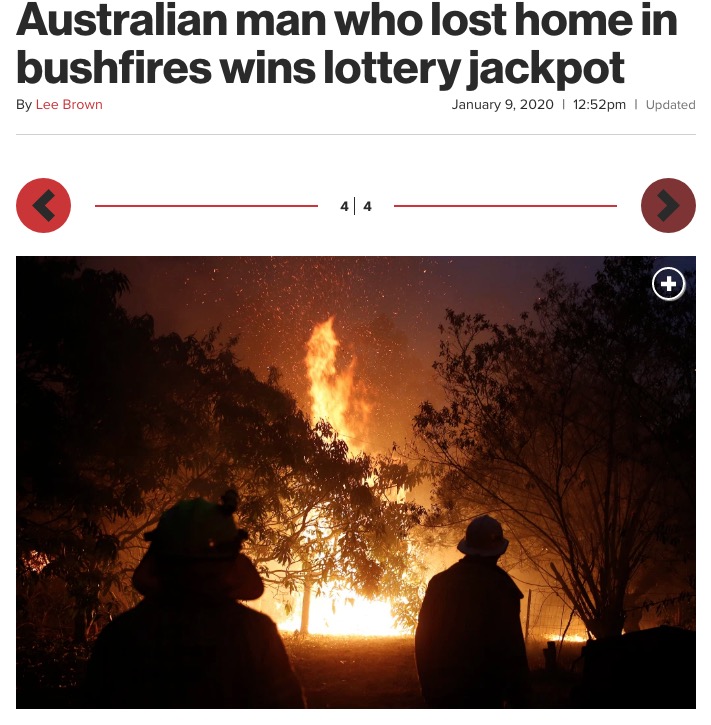 今もなお燃え盛るオーストラリアの森林火災（画像は『New York Post　2020年1月9日付「Australian man who lost home in bushfires wins lottery jackpot」（EPA）』のスクリーンショット）