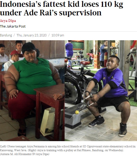 110キロの減量に成功した13歳少年（画像は『The Jakarta Post　2020年1月23日付「Indonesia’s fattest kid loses 110 kg under Ade Rai’s supervision」（Antara/M. Ali Khumaini/JP/Arya Dipa）』のスクリーンショット）