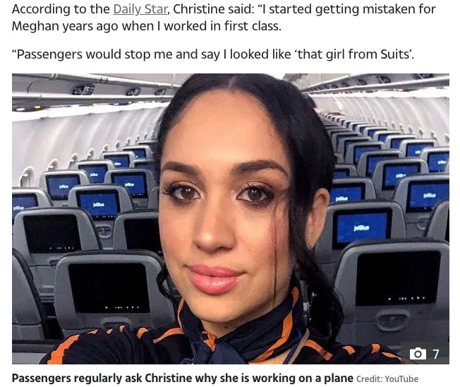 メーガン妃にそっくりな客室乗務員（画像は『The Sun　2020年2月15日付「DOUBLE DUCH Air hostess is regularly mistaken for Meghan Markle on flights and confused passengers ask why she is working on a plane」（Credit: YouTube）』のスクリーンショット）