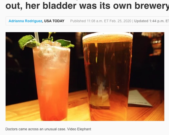 女性の体内でアルコールが醸造されていることが判明（画像は『NorthJersey.com　2020年2月25日付「She didn’t drink, but her urine was full of alcohol. Turns out, her bladder was its own brewery.」』のスクリーンショット）