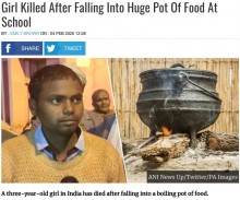 学校給食の煮えたぎった巨大鍋に落ちた3歳児が死亡（印）
