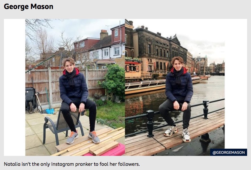 ヨーロッパでの休暇の写真、実は画像加工（画像は『BBC News　2020年2月20日付「Instagram influencers pranking the internet:」（＠GEORGEMASON）』のスクリーンショット）
