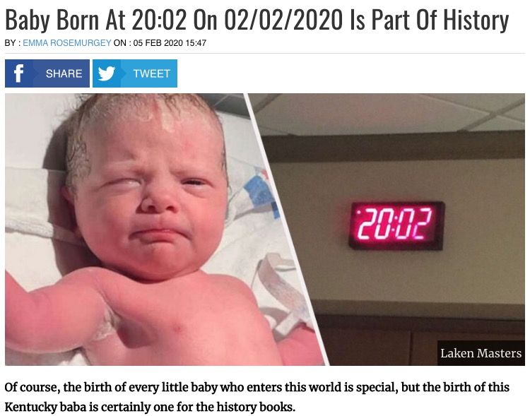 2020年2月2日20時2分に生まれた赤ちゃん（画像は『UNILAD　2020年2月5日付「Baby Born At 20:02 On 02/02/2020 Is Part Of History」（Laken Masters）』のスクリーンショット）