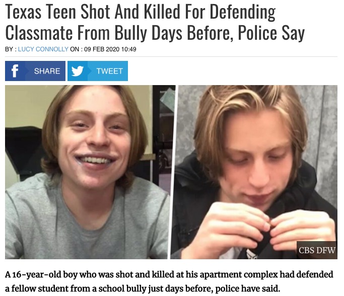 いじめの被害者を助けたことで射殺された少年（画像は『UNILAD　2020年2月9日付「Texas Teen Shot And Killed For Defending Classmate From Bully Days Before, Police Say」（CBS DFW）』のスクリーンショット）