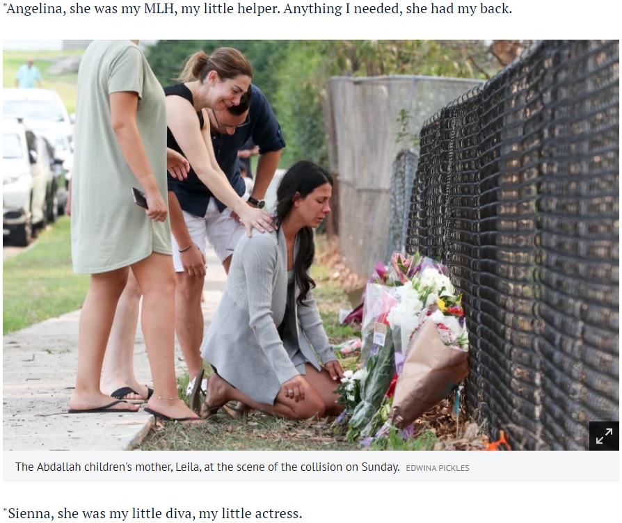 事故現場でぼう然とする母親（画像は『Sydney Morning Herald　2020年2月2日付「‘They were just walking on the footpath’: Four children killed, one critical in Sydney crash」（EDWINA PICKLES）』のスクリーンショット）
