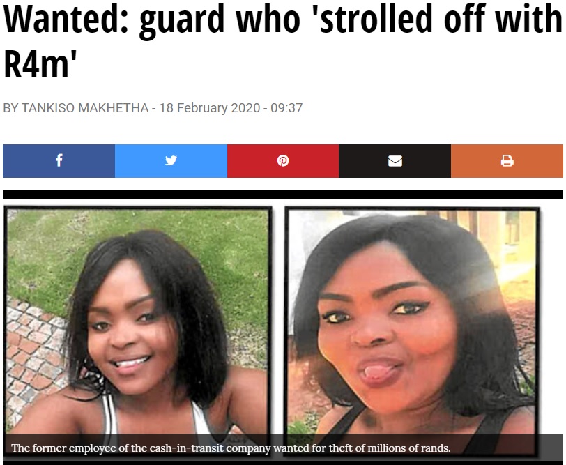 3千万円を持ち逃げした女性警備員（画像は『SowetanLIVE　2020年2月18日付「Wanted: guard who ‘strolled off with R4m’」』のスクリーンショット）