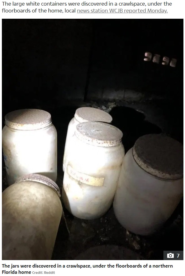 床下から見つかった人間の舌が入ったボトル（画像は『The Sun　2020年2月18日付「CREEPY FIND Jars of preserved HUMAN TONGUES dating back 50 years are found hidden in house」（Credit: Reddit）』のスクリーンショット）