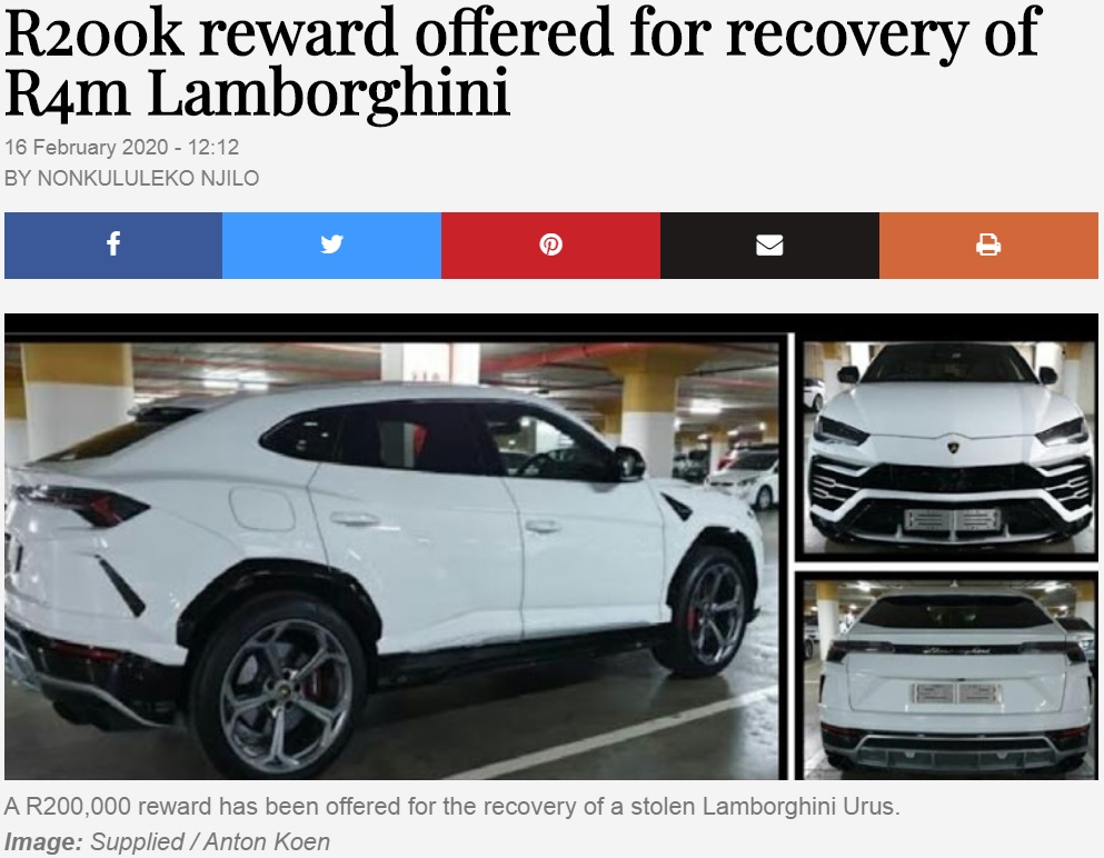 盗まれたランボルギーニ・ウルス（画像は『TimesLIVE　2020年2月16日付「R200k reward offered for recovery of R4m Lamborghini」（Image: Supplied / Anton Koen）』のスクリーンショット）