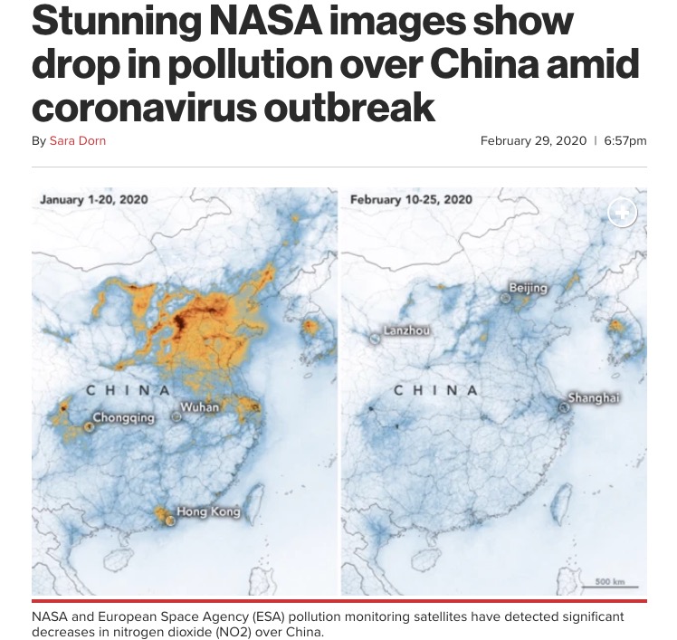 NASAが調査した大気汚染物質濃度（画像は『New York Post　2020年2月29日付「Stunning NASA images show drop in pollution over China amid coronavirus outbreak」（NASA Earth Observatory）』のスクリーンショット）