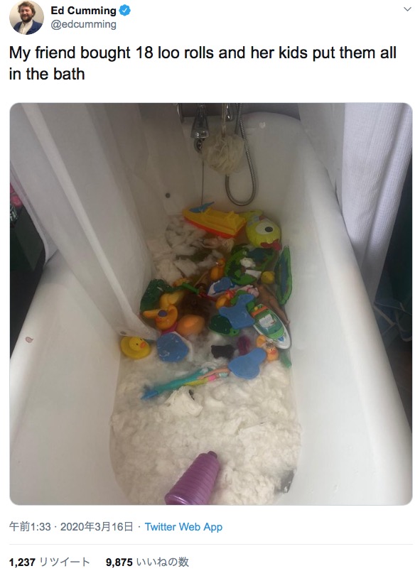 風呂の水に見事に浸かった18ロールのトイレットペーパー（画像は『Ed Cumming　2020年3月16日付Twitter「My friend bought 18 loo rolls and her kids put them all in the bath」』のスクリーンショット）
