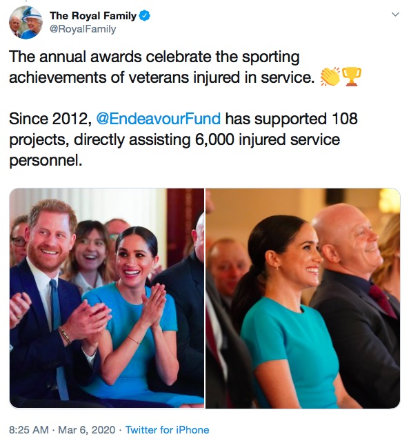 久々に揃って公務に出席したヘンリー王子夫妻（画像は『The Royal Family　2020年3月6日付Twitter「The annual awards celebrate the sporting achievements of veterans injured in service.」』のスクリーンショット）