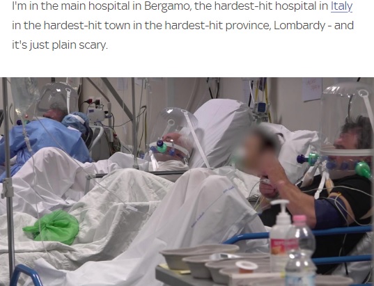 病院で治療を受ける感染者（画像は『Sky News　2020年3月22日付「Coronavirus: Italy’s hardest-hit city wants you to see how COVID-19 is affecting its hospitals」』のスクリーンショット）