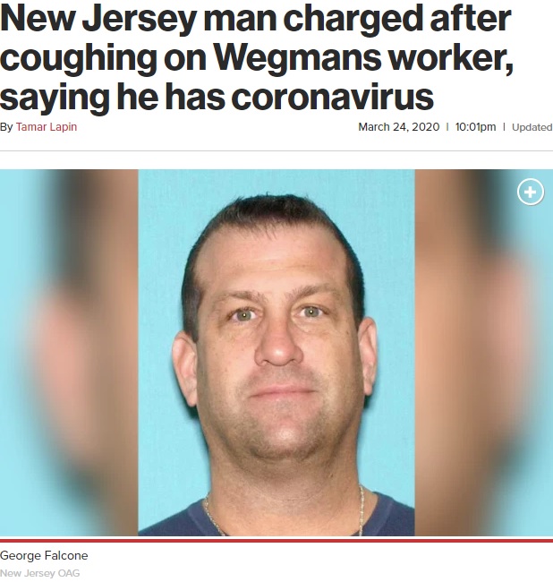 スーパーの店員に近づき咳をした50歳の男（画像は『New York Post　2020年3月24日付「New Jersey man charged after coughing on Wegmans worker, saying he has coronavirus」（New Jersey OAG）』のスクリーンショット）