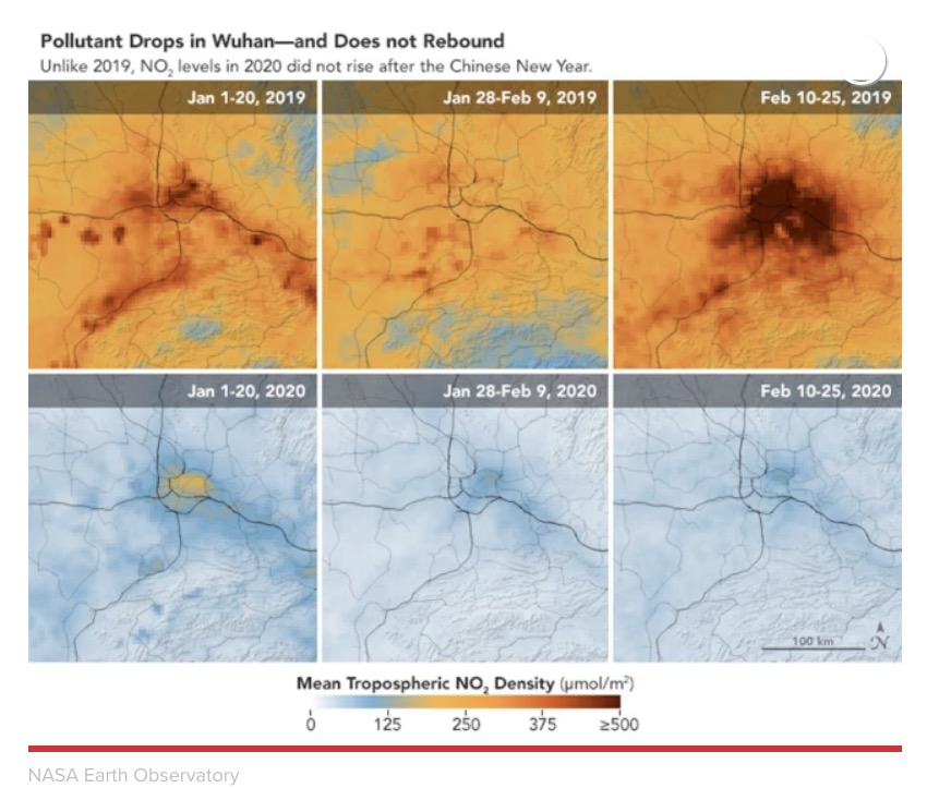 昨年と比べて今年の大気汚染物質の濃度が低減（画像は『New York Post　2020年2月29日付「Stunning NASA images show drop in pollution over China amid coronavirus outbreak」（NASA Earth Observatory）』のスクリーンショット）
