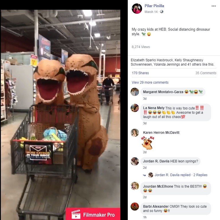 恐竜のコスチュームでショッピングする子供たち（画像は『Pilar Pinilla　2020年3月14日付Facebook「My crazy kids at HEB. Social distancing dinosaur style.」』のスクリーンショット）