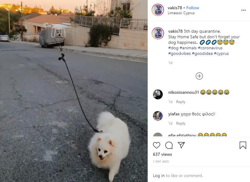 キプロスでドローンが犬の散歩（画像は『Vakis Demetriou　2020年3月18日付Instagram「5th day quarantine.Stay Home Safe but don’t forget your dog happiness..」』のスクリーンショット）
