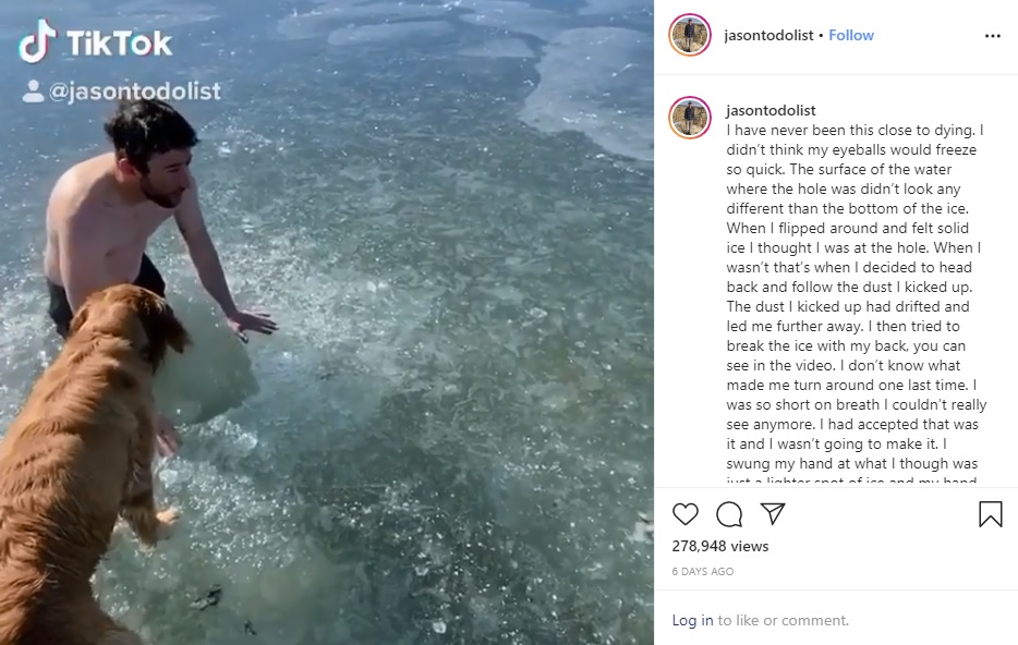 氷が張った湖に入る男性（画像は『Jason Clark　2020年2月24日付Instagram「I have never been this close to dying.」』のスクリーンショット）