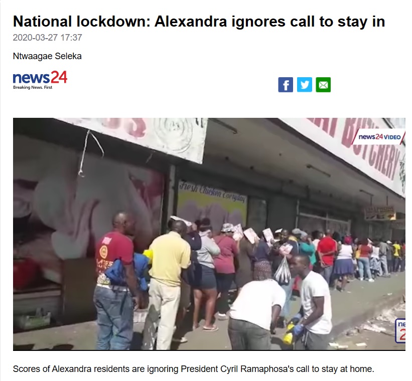 外出禁止措置の中、スーパーでは大行列（画像は『News24　2020年3月27日「National lockdown: Alexandra ignores call to stay in」』のスクリーンショット）