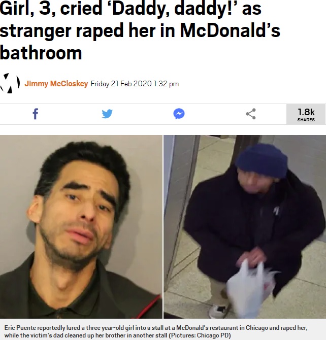 3歳女児の親の目が離れた隙に性的虐待を働いた男（画像は『Metro　2020年2月21日付「Girl, 3, cried ‘Daddy, daddy!’ as stranger raped her in McDonald’s bathroom」（Pictures: Chicago PD）』のスクリーンショット）