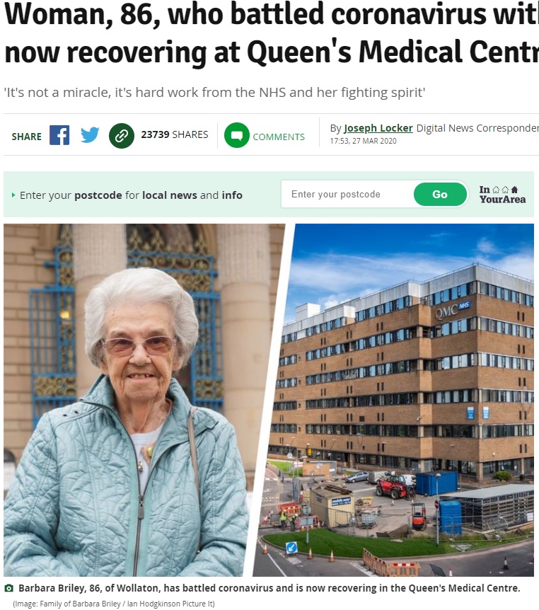 感染から見事回復した86歳女性（画像は『Nottinghamshire Live　2020年3月27日付「Woman, 86, who battled coronavirus with ‘fighting spirit’ now recovering at Queen’s Medical Centre」（Image: Family of Barbara Briley / Ian Hodgkinson Picture It）』のスクリーンショット）
