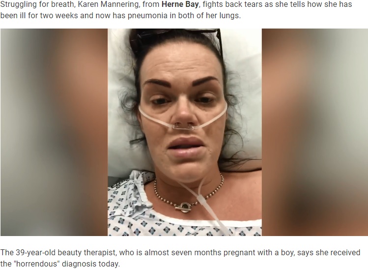 病院で治療を受ける妊娠26週の女性（画像は『KentOnline　2020年3月25日付「Coronavirus Kent: Pregnant mum diagnosed with coronavirus fights for unborn baby’s life」』のスクリーンショット）