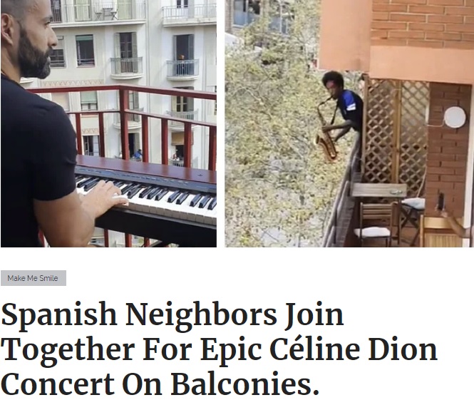バルコニーで即興デュオが実現（画像は『InspireMore.com　2020年3月19日付「Spanish Neighbors Join Together For Epic Céline Dion Concert On Balconies.」』のスクリーンショット）