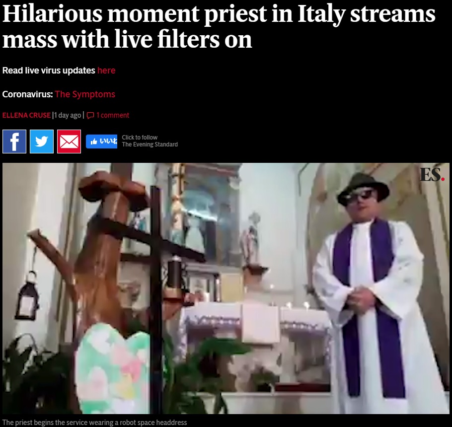 司祭の顔がギャング風に！（画像は『Evening Standard　2020年3月25日付「Hilarious moment priest in Italy streams mass with live filters on」』のスクリーンショット）