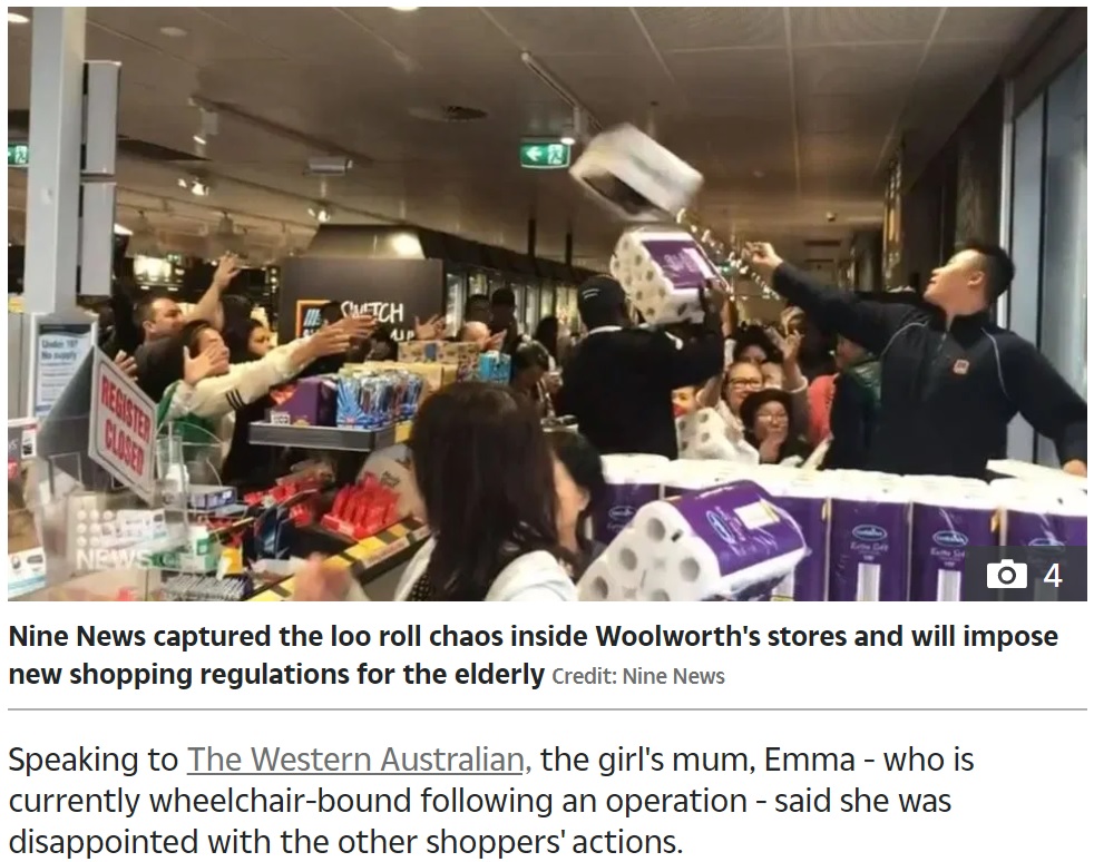 トイレットペーパーを求める客達（画像は『The Sun　2020年3月18日付「TRAMPLED Girl, 13, crushed in Aussie coronavirus stampede as panic buyers rush for toilet paper」（Credit: Nine News）』のスクリーンショット）