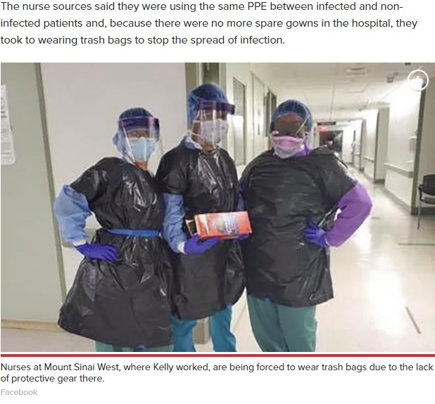 ゴミ袋を被って働く看護師たち（画像は『New York Post　2020年3月25日付「Worker at NYC hospital where nurses wear trash bags as protection dies from coronavirus」（Facebook）』のスクリーンショット）