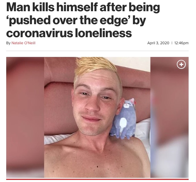 自己隔離中に孤独に耐えられず自殺した男性（画像は『New York Post　2020年4月3日付 「Man kills himself after being ‘pushed over the edge’ by coronavirus loneliness」（Facebook）』のスクリーンショット）
