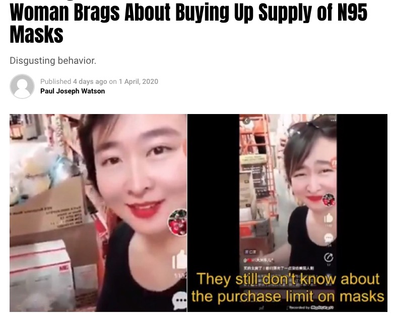 マスクの買い占めをする中国人女性（画像は『Summit News　2020年4月1日付「‘Nothing Left For the Americans’: Chinese Woman Brags About Buying Up Supply of N95 Masks」』のスクリーンショット）