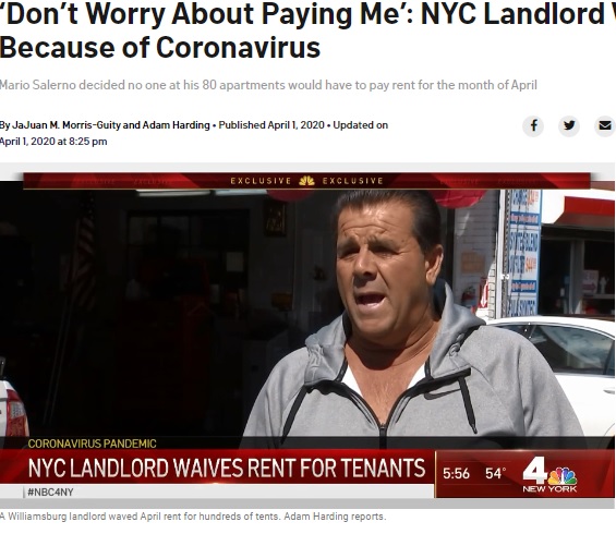「4月分の家賃はいらない」と語る大家の男性（画像は『NBC New York　2020年4月1日付「‘Don’t Worry About Paying Me’: NYC Landlord Waives Rent Because of Coronavirus」』のスクリーンショット）