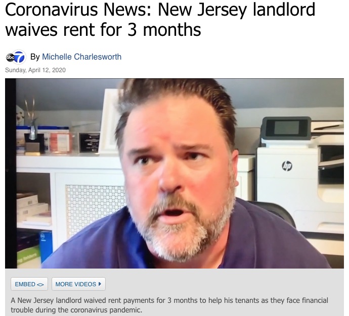 3か月分の家賃を免除した貸主の男性（画像は『abc7NY　2020年4月12日付「Coronavirus News: New Jersey landlord waives rent for 3 months」』のスクリーンショット）