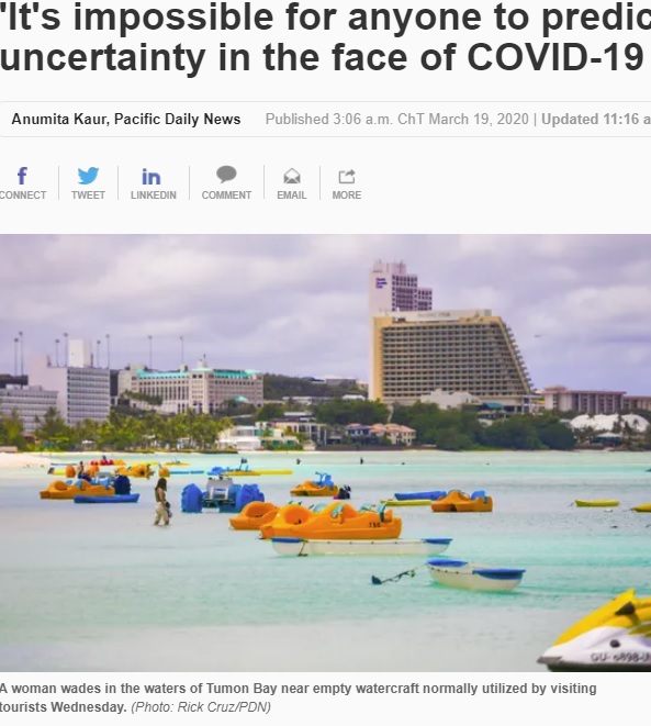 3月中旬に撮影されたビーチ（画像は『Pacific Daily News　2020年3月19日付「‘It’s impossible for anyone to predict’: Layoffs, uncertainty in the face of COVID-19」（Photo: Rick Cruz/PDN）』のスクリーンショット）