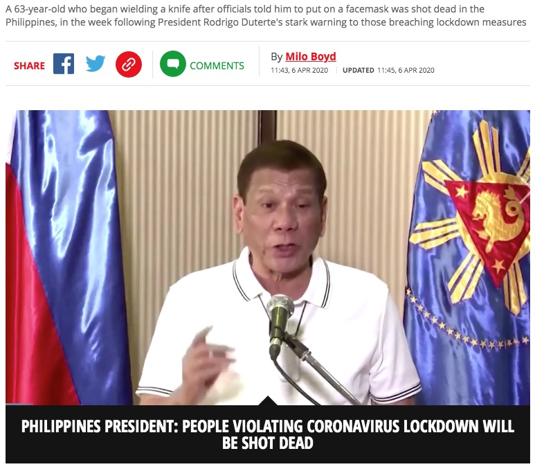 過激な発言が目立つフィリピンの大統領（画像は『Mirror Online　2020年4月6日付「Man refusing to wear facemask shot dead in Philippines after president’s threat」』のスクリーンショット）