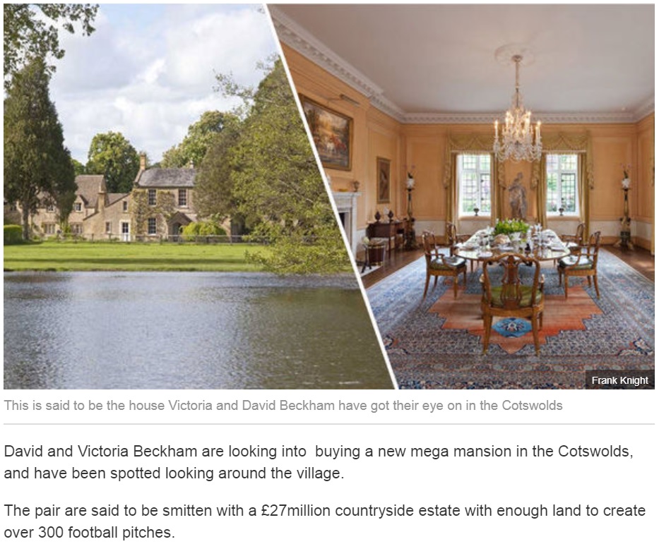 ベッカム一家が滞在中の豪華な別荘（画像は『Express.co.uk　2015年10月19日付「You can SNOOP around Victoria and David Beckham’s rumoured Cotswolds mega mansion」（Frank Knight）』のスクリーンショット）