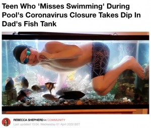 【海外発！Breaking News】父親が飼っている熱帯魚の水槽で泳ぐ少年（カナダ）＜動画あり＞