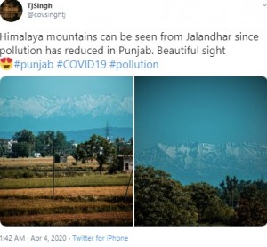 パンジャブ州ジャランダールから撮影されたヒマラヤ山脈（画像は『TjSingh　2020年4月4日付Twitter「Himalaya mountains can be seen from Jalandhar since pollution has reduced in Punjab.」』のスクリーンショット）