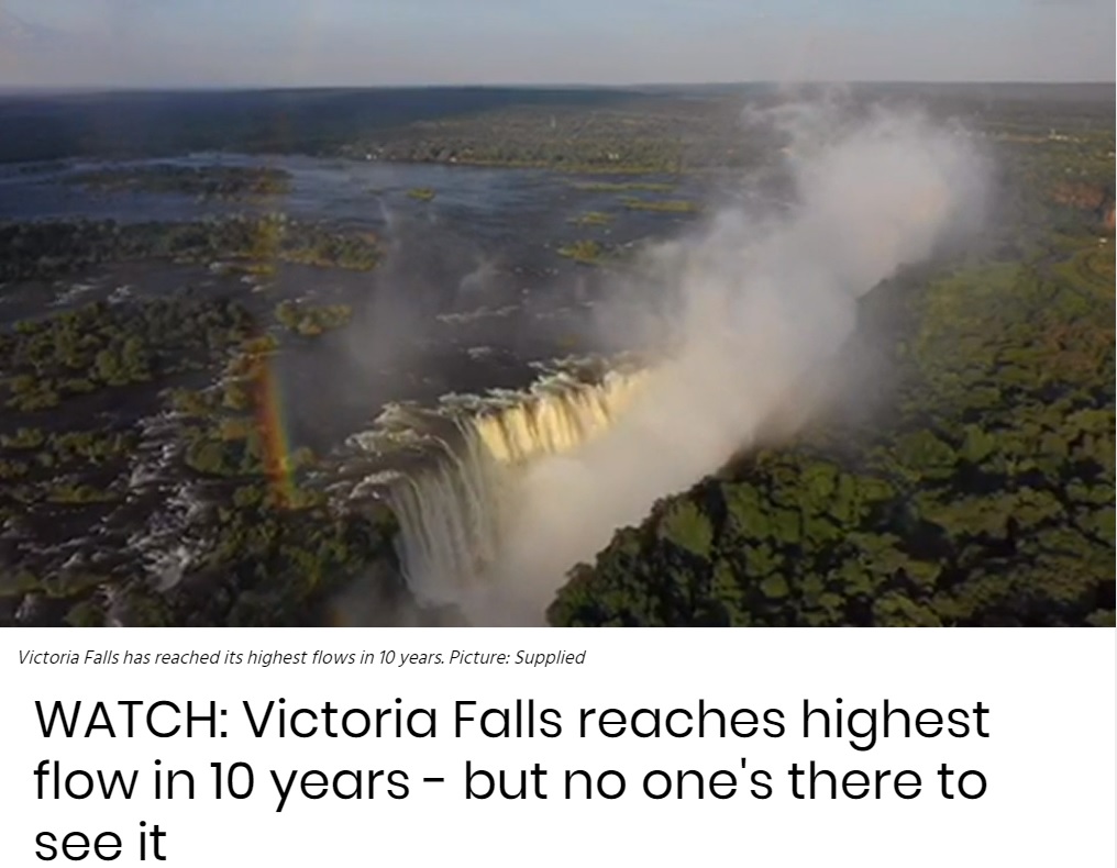 10年ぶりに水量が激増したヴィクトリアの滝（画像は『IOL　2020年4月22日「WATCH: Victoria Falls reaches highest flow in 10 years - but no one’s there to see it」』のスクリーンショット）