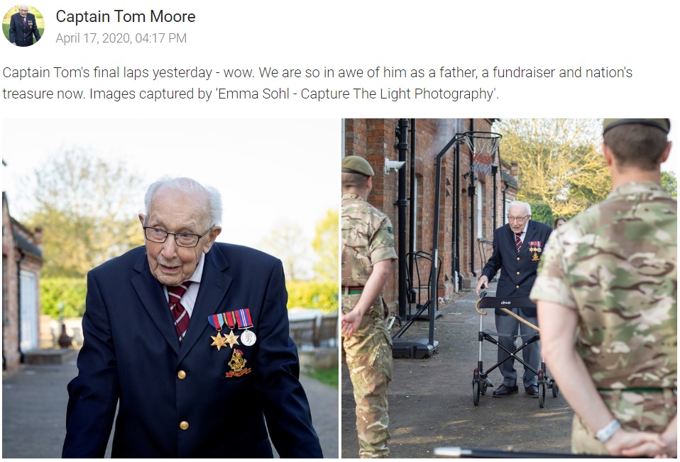 自宅庭を100周し“国民的ヒーロー”になったトム・ムーアさん（画像は『JustGiving　2020年4月17日付「Captain Tom Moore’s 100th Birthday Walk for the NHS」（Captain Tom Moore）』のスクリーンショット）