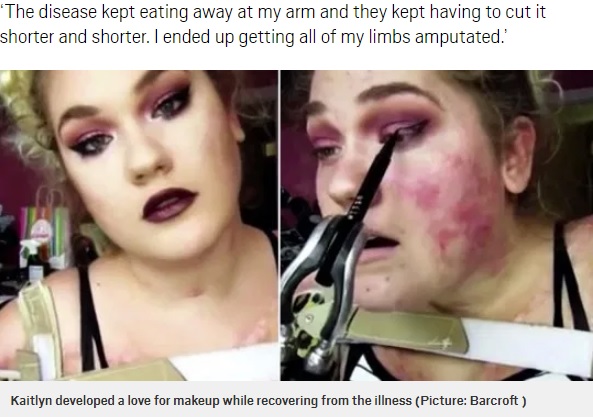 義手を使ってメイクする女性（画像は『Metro　2020年4月19日付「Woman who lost all her limbs at 18 uses prosthetics to become a brilliant makeup artist」（Picture: Barcroft）』のスクリーンショット）