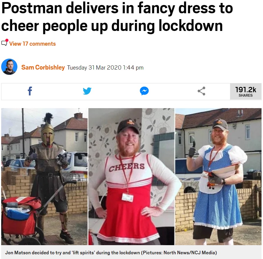 コスプレ衣装はすべて自前という郵便配達員（画像は『Metro　2020年3月31日付「Postman delivers in fancy dress to cheer people up during lockdown」（Pictures: North News/NCJ Media）』のスクリーンショット）