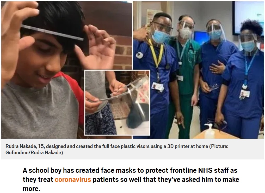 ヘッドバンド部分のサイズを確認する15歳少年と装着した医療スタッフ達（画像は『Metro　2020年4月7日付「Boy, 15, creates masks with 3D printer so effective NHS staff ask for more」（Picture: Gofundme/Rudra Nakade）』のスクリーンショット）