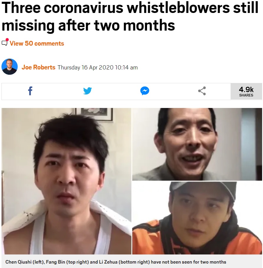 2月から行方不明になっている記者3名（画像は『Metro　2020年4月16日付「Three coronavirus whistleblowers still missing after two months」』のスクリーンショット）