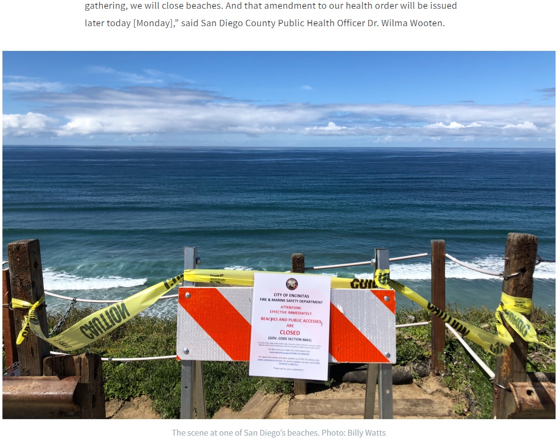 サンディエゴの美しいビーチも「CLOSED」（画像は『Surfline　2020年3月25日付「California State Beaches Close Due to Coronavirus」（Photo: Billy Watts）』のスクリーンショット）