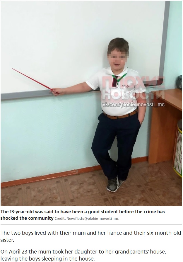弟を刺殺した13歳の少年（画像は『The Sun　2020年4月5日付「GAMER RAGE Boy, 13, ‘stabbed his seven-year-old brother to death in a rage after losing on a mobile phone video game’」（Credit: Newsflash/＠plohie_novosti_mc）』のスクリーンショット）