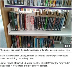 【海外発！Breaking News】真面目過ぎる清掃員、閉鎖中の図書館で本を背の順に並び替える（英）
